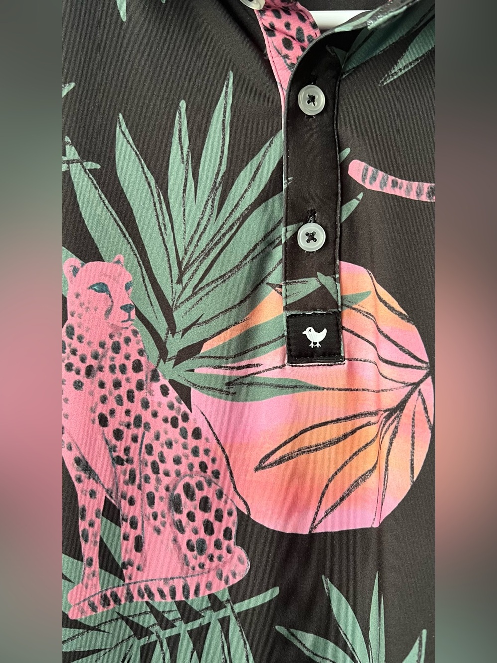 Bad Birdie Cheetah Tropical Golf Polo Men’s L Black Pink Performance Shirt - Picture 6 of 11